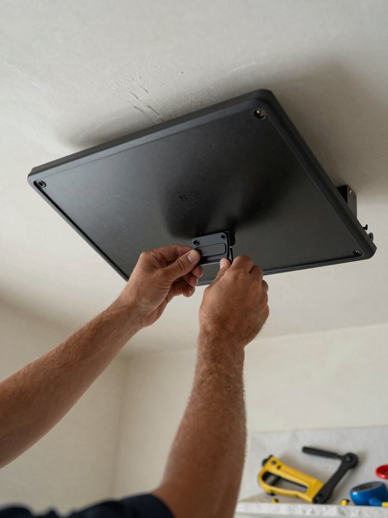 Close overhead detail of a technician's hands tightening a mounting bracket on a wall-mounted flat panel, finished drywall surrounding, daylight-neutral lighting, tools laid out on a drop cloth below, no faces visible, crisp documentary framing