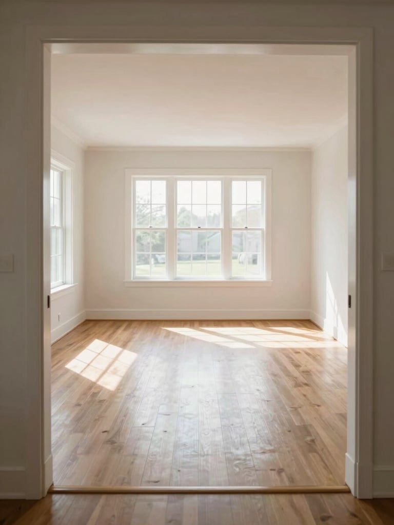 Interior wide shot of a bright open-plan living room in an Ellicott City home, north-facing window light filling the room with even daylight, wood floors and clean architectural trim visible, no staged furniture, shot from the doorway looking in