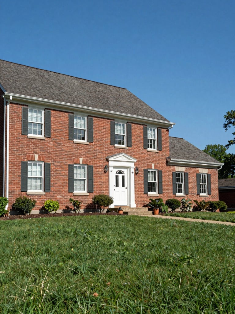 Straight-on daylight exterior of a well-maintained brick colonial home in Catonsville, deep green lawn in foreground, clear blue sky, wide environmental framing with the house occupying the left two-thirds of the frame