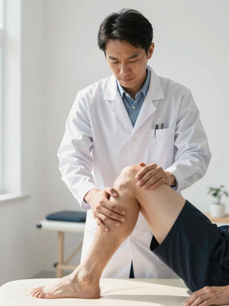 Medium shot of a sports medicine physician in a white coat, gently assessing an athlete's knee mobility on an examination table, bright natural daylight, clean clinical tones, sharp focus, 35mm