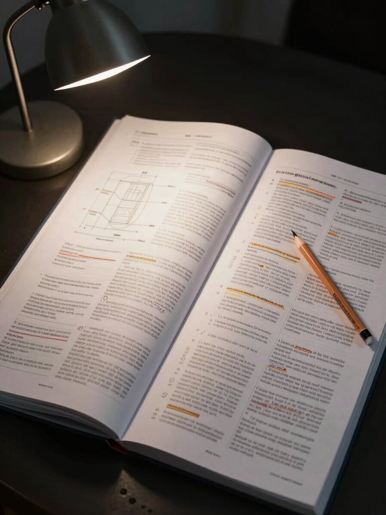 Wide shot of an open strategy document spread across a dark desk surface, annotated in pencil with margin notes and underlined passages, a single architect's lamp casting controlled light from the upper left, the right edge of the frame bleeding to black