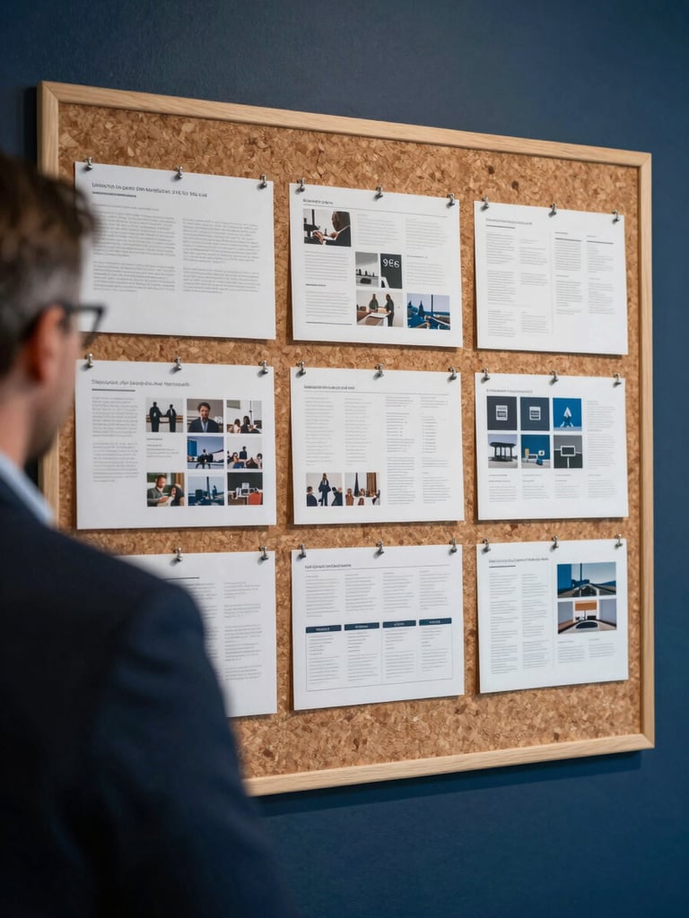 Medium shot from behind of a strategist reviewing printed brand guideline spreads pinned to a wide cork wall, fine annotations visible, even cool studio light, no faces shown, deep navy wall behind the cork board