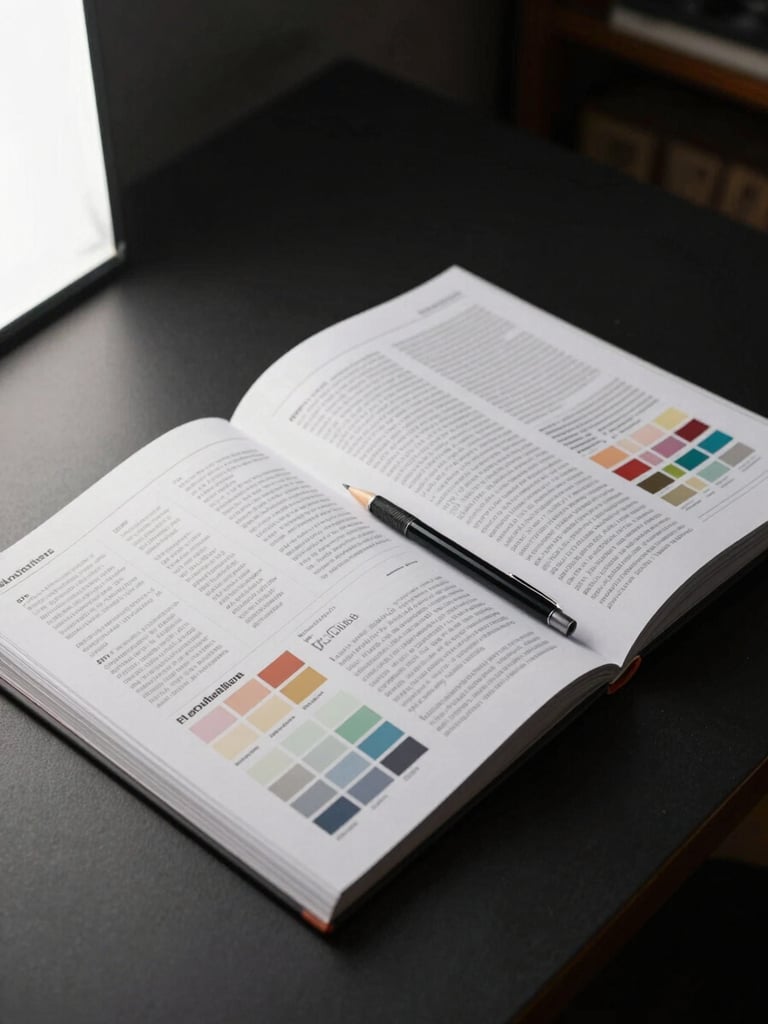Wide shot of a large-format brand guidelines document open flat on a matte black desk, pages filled with typography specimens and color swatches, a mechanical pencil resting diagonally across the spread, even controlled studio light from the left, no hands visible, shot from slightly above at a medium distance