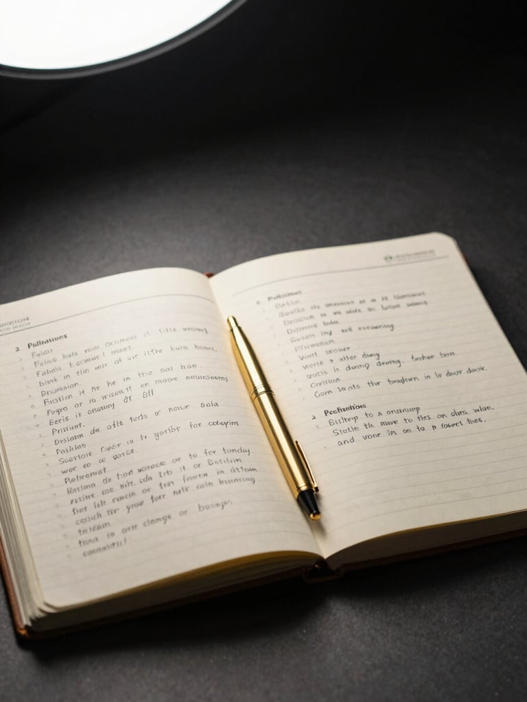 Close-up medium shot of an open brand strategy notebook on a dark desk, handwritten positioning statements visible across two pages, a single gold pen resting in the gutter, controlled studio overhead light casting clean shadows, deep charcoal background