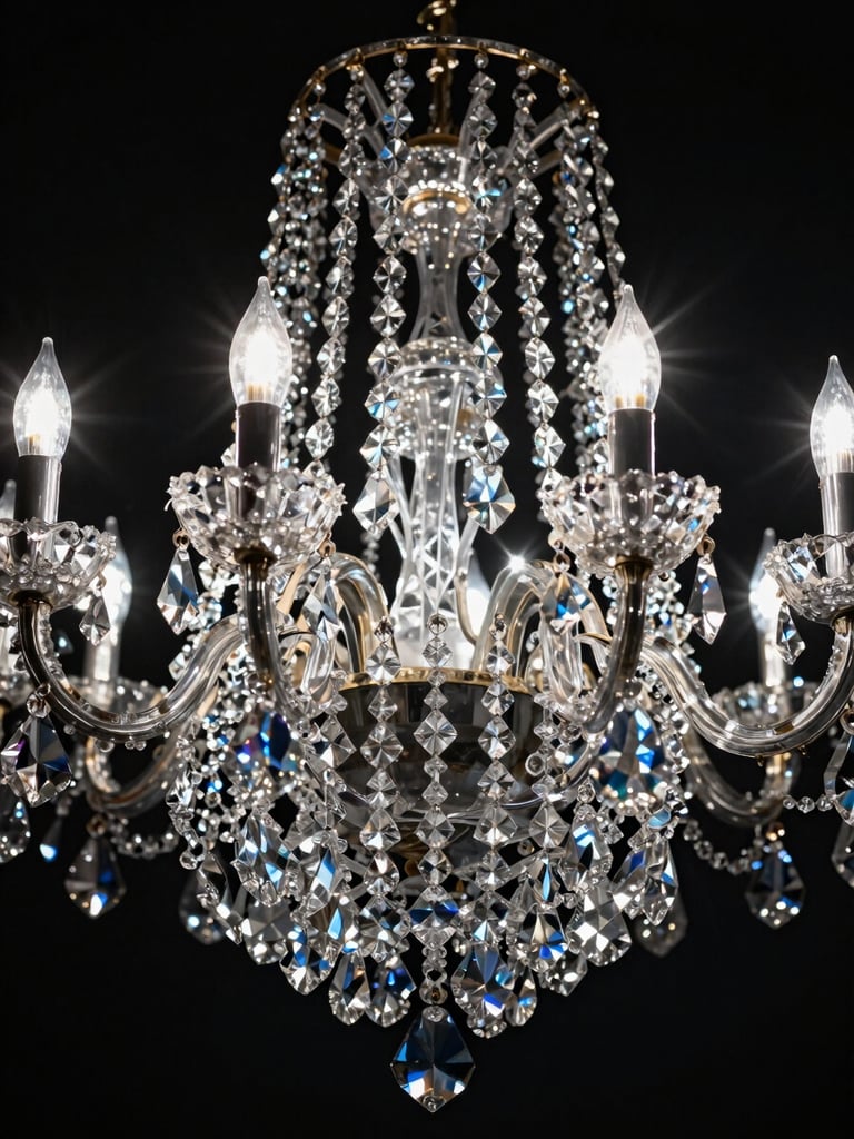 Extreme close-up overhead study of a Baccarat crystal chandelier cluster, cool studio strobe from directly above, individual crystal drops catching and fracturing light into sharp prismatic lines against a near-black seamless background, geometry dominant, no warmth, no figures