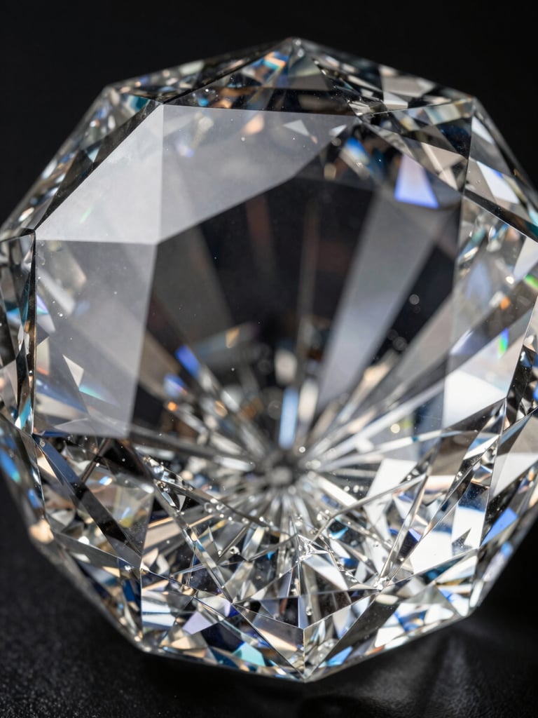 Extreme close-up of Baccarat crystal facets under cool studio strobe, light fragmenting into sharp prismatic shards across the cut surface, dense optical refractive geometry visible, black background, no context, forensic precision
