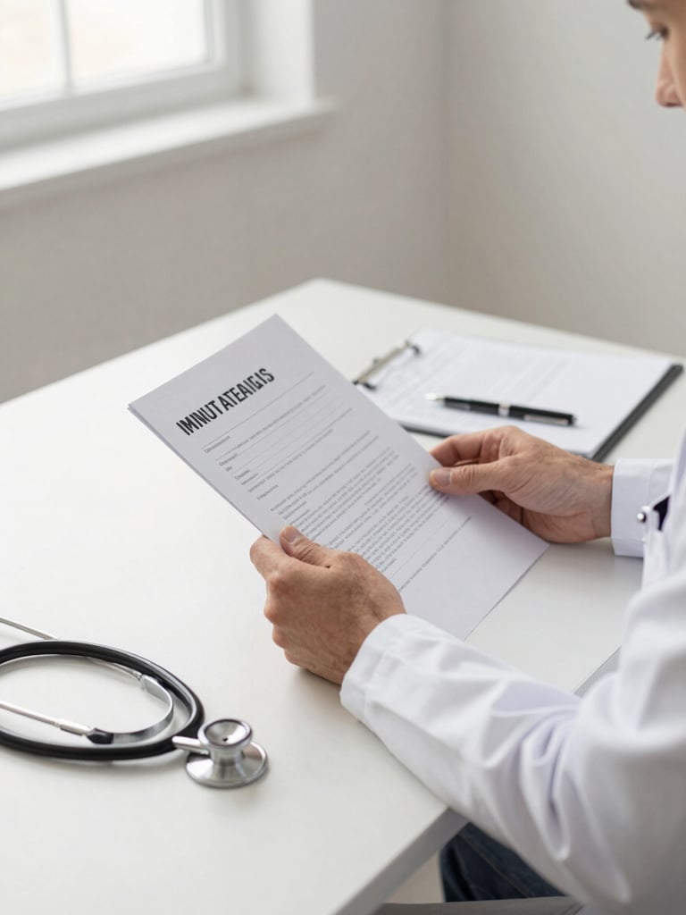 Wide clinical desk scene, a doctor in white coat reviewing a printed document under soft natural window light, stethoscope resting on the desk beside a pen, neutral off-white background, no face visible, medium shot from slightly above