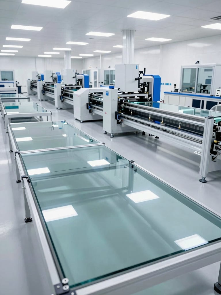 Wide-angle clean factory floor with high-tech automated glass manufacturing lines, bright lighting, industrial scale, landscape aspect.