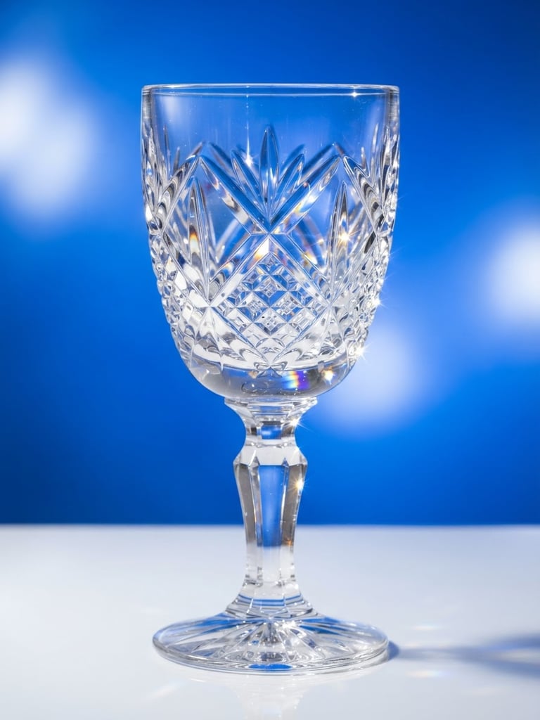 A crisp macro portrait of a crystal goblet catching bright studio light, sharp refractions, royal blue background accents, high-key lighting.