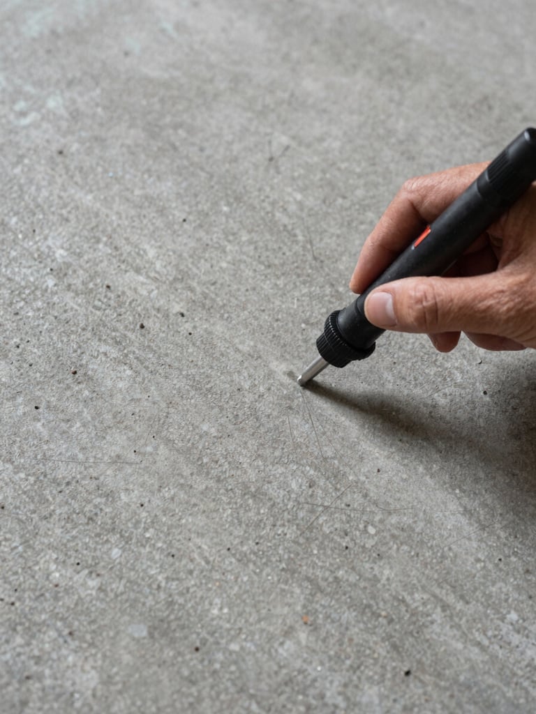 Overhead close-up of a concrete floor surface being assessed — a hand-held moisture meter probe resting on the slab, existing industrial ambient light from above, texture of the aggregate and surface porosity clearly visible, no people in frame, tight environmental framing showing the raw floor context