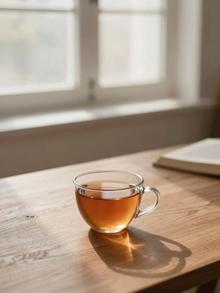 Calm workspace with a wooden desk, a warm cup of tea, soft morning light filtering through a window, creating a safe and peaceful atmosphere