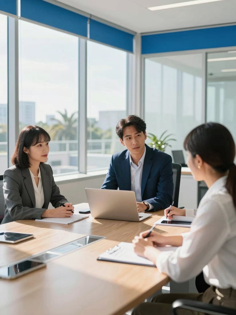 Bright natural daylight photography of a professional business meeting in a sunlit Florida office, clean glass windows, vibrant blue accents, sharp focus
