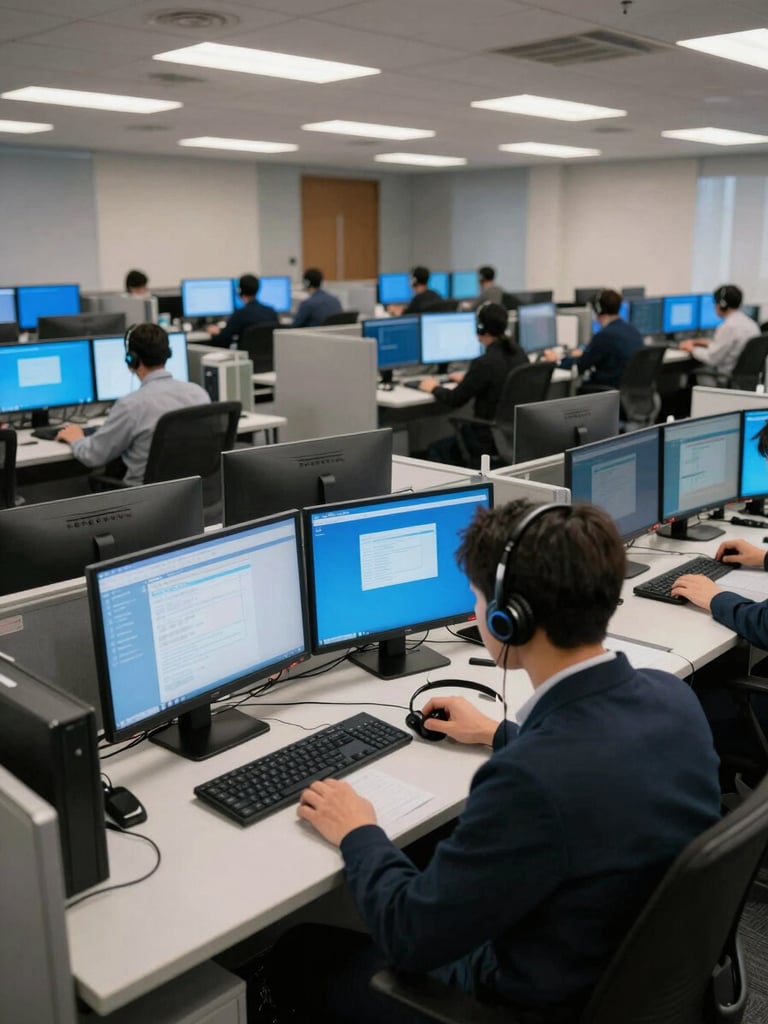 Wide-angle call center operations floor viewed from slightly above, rows of workstations with dual monitors glowing blue, headsets resting on desks, facility overhead lighting, no people visible, clean corporate technical environment