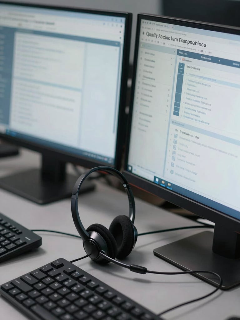Close-up overhead study of a call center workstation: a professional headset resting beside two monitors displaying quality assurance dashboards with call metrics, organized cables, keyboard in frame, studio strobe lighting on equipment surfaces, no human faces, steel grey and navy palette