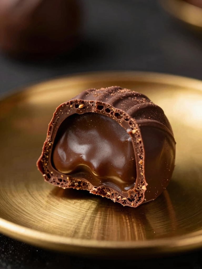 Macro photograph of a luxurious chocolate truffle cut in half, revealing rich velvet ganache, resting on a polished gold plate, dark background, 8k render