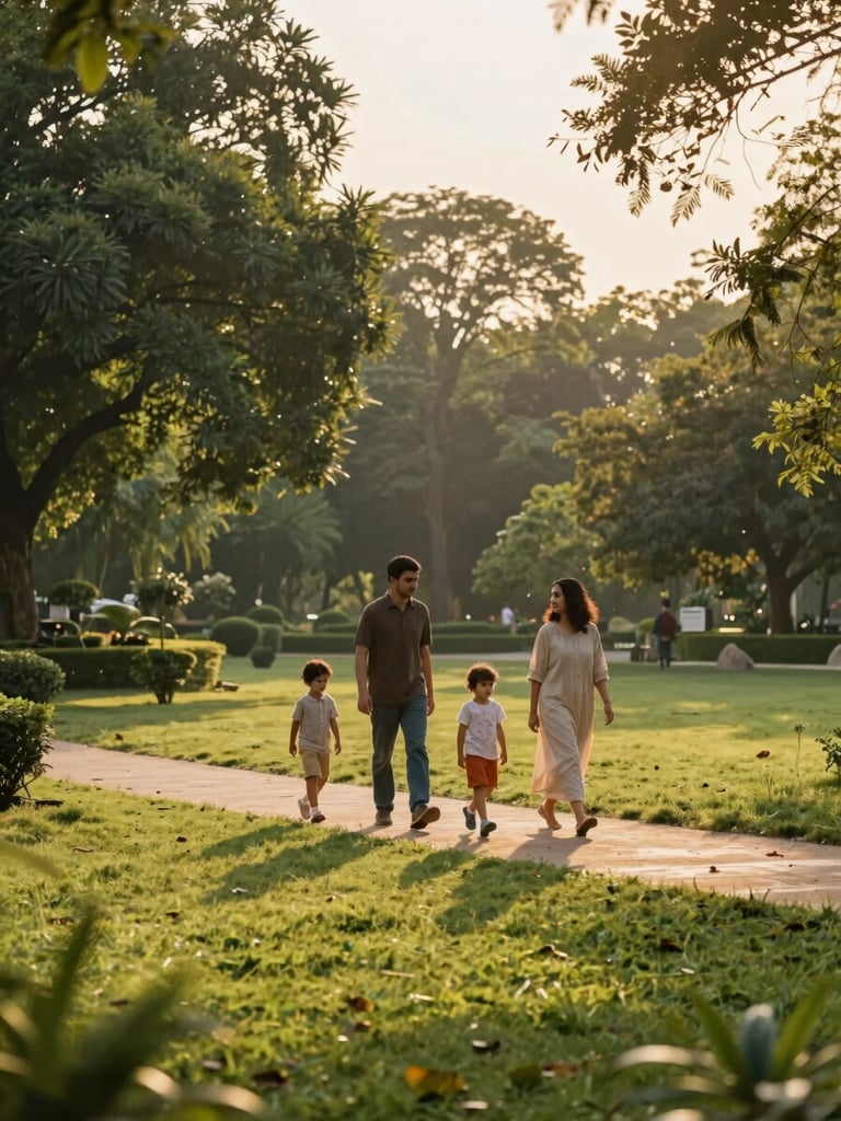 A family walking through a beautifully landscaped green park inside a luxury gated society, warm golden hour sunlight, Lucknow