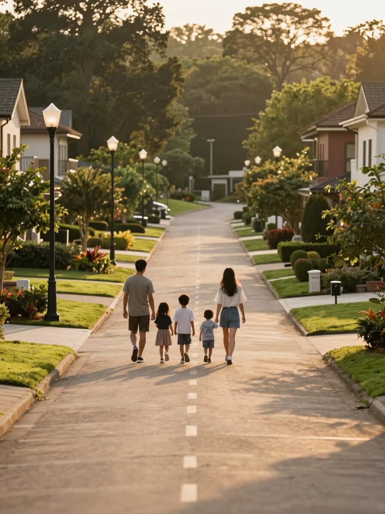 Warm golden-hour shot of a family walking along a wide paved road inside a premium gated township, lush green lawns and demarcated plots on either side, elegant streetlights