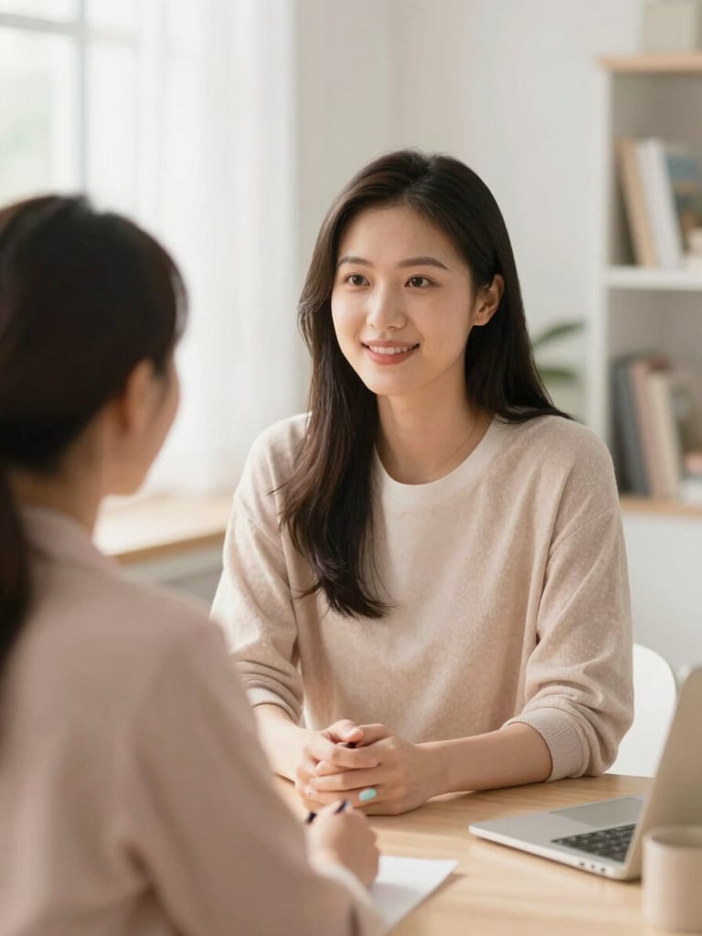 A warm, approachable female educator sitting at eye-level with a mother, talking warmly in a bright room with soft daylight, warm editorial style.