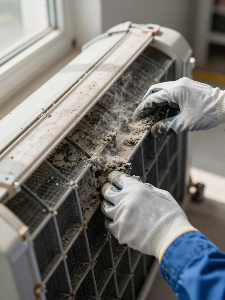 Close-up documentary shot, technician's gloved hands pressing apart a heavily clogged AC evaporator coil, thick grey dust and debris visible between fins, natural window light from the left casting soft shadows across the unit, job-site floor in the background