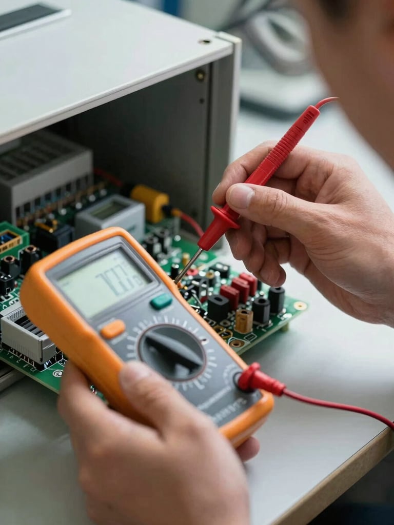 Close-up portrait-orientation shot of a technician's hands holding a digital multimeter probe against AC circuit board terminals inside an open unit, clear meter readout visible, natural window light illuminating the interior