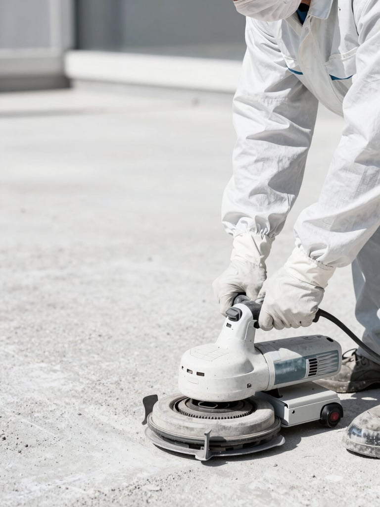 Close-up of a professional worker in clean uniform using a concrete floor grinder, bright white work lights, high-contrast sharp details, 35mm lens.