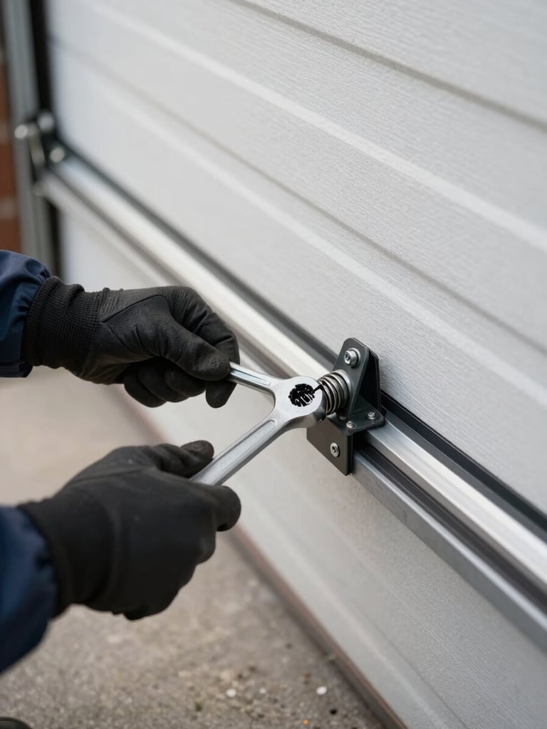Close-up of a technician's gloved hands using a wrench to tighten a torsion spring bracket on a residential garage door track, natural daylight from an open garage bay, concrete floor visible below