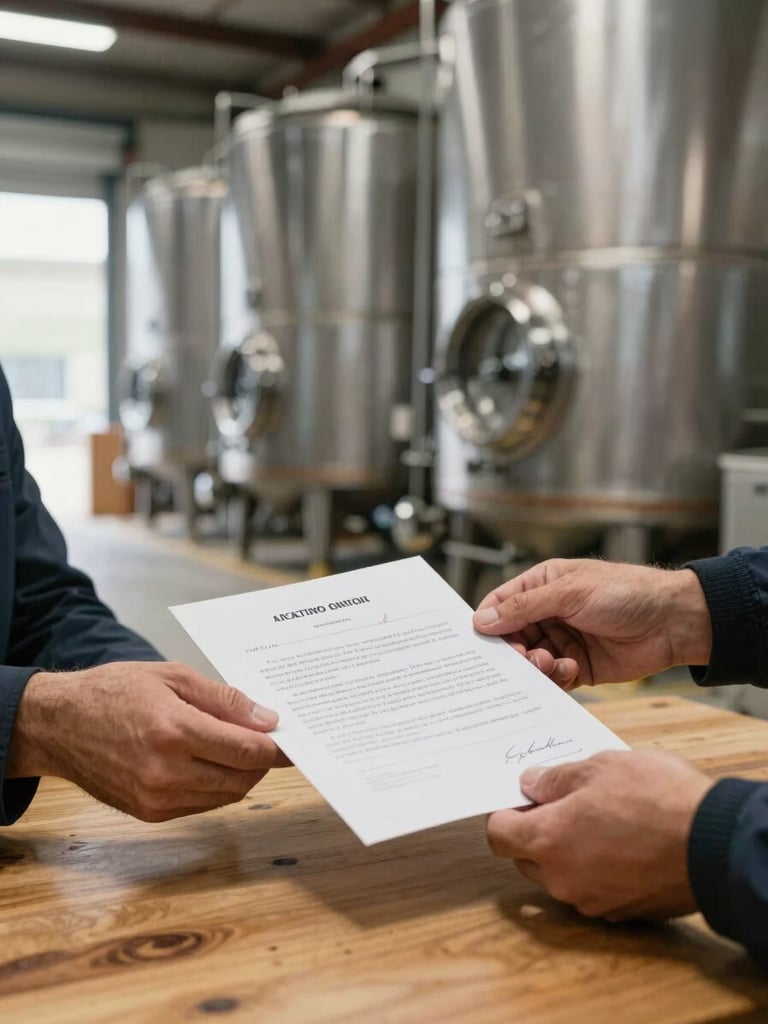 Close-up of two men's hands exchanging a signed document across a wooden table inside an olive oil storage facility, large stainless holding tanks visible in background, natural warehouse ambient light from left, no faces visible, emphasizing documented transaction and operational trust