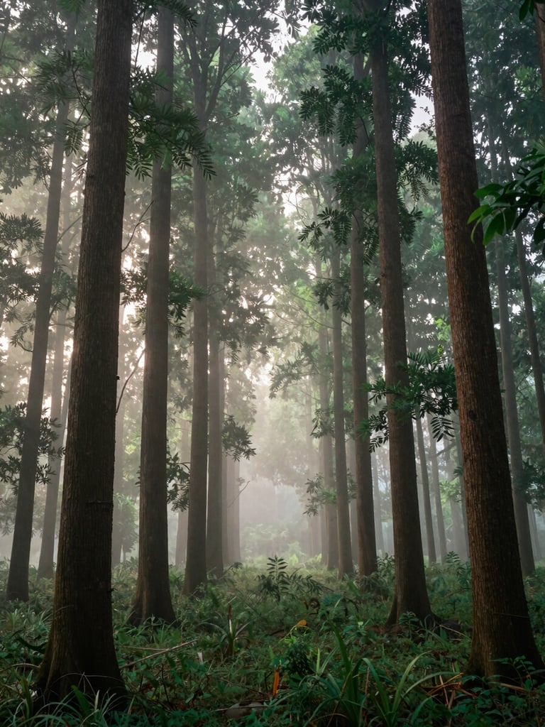 Misty morning light filtering through sandalwood trees, tall straight trunks, deep green canopy, soft forest floor.