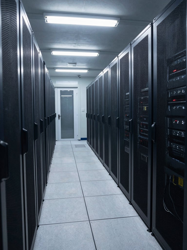 Wide shot of a secure server facility corridor, cold fluorescent overhead lighting, rows of rack-mounted servers extending into depth, no personnel visible, institutional and clinical atmosphere