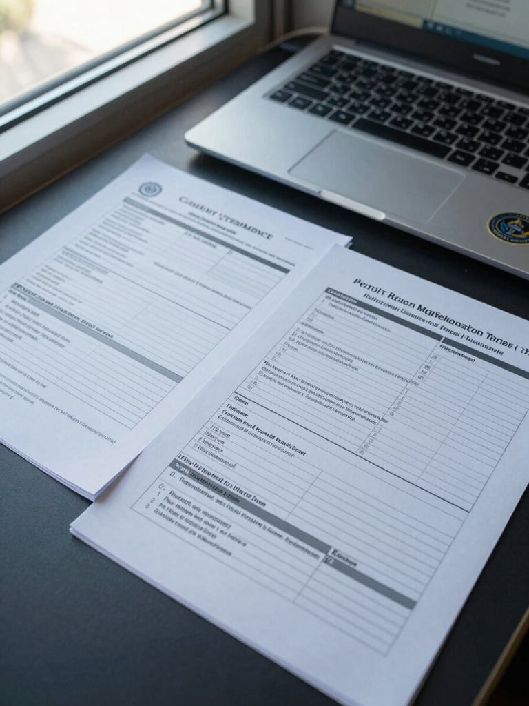Overhead documentary shot of a secure operations desk, printed compliance documentation and audit checklists arranged on a dark surface, a closed laptop with a government-agency sticker, cool daylight from a narrow window, clinical and precise