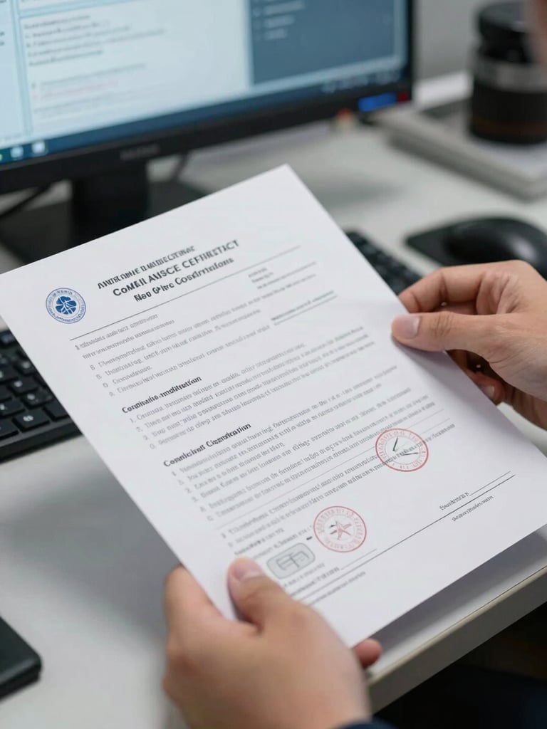 Close-up of hands at a workstation reviewing a multi-page compliance certification document under cool fluorescent light, official stamps and regulatory seals visible on the pages, a security dashboard monitor in the background