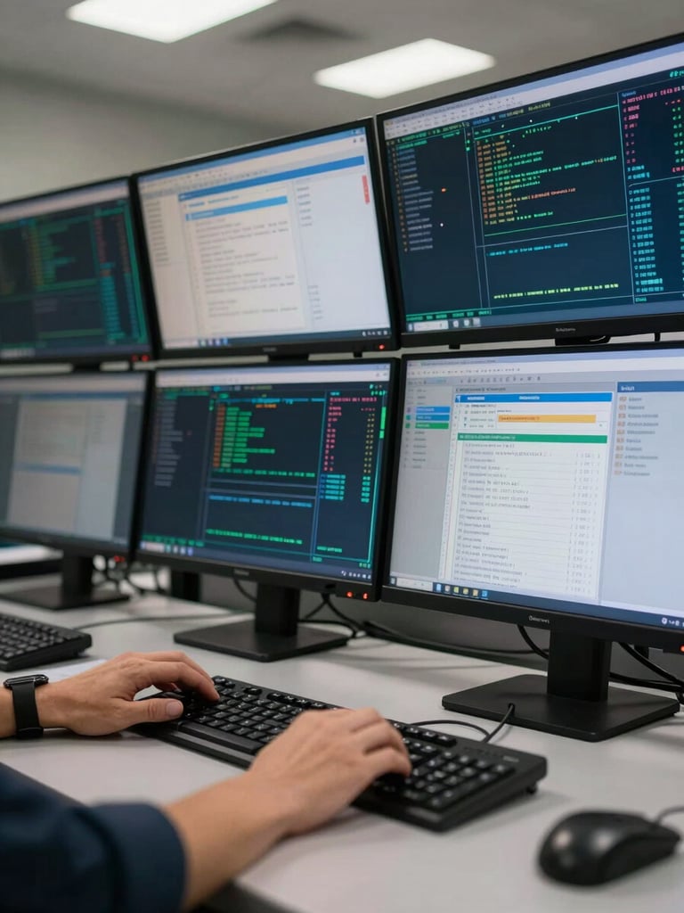 Close-up of a security operations workstation, multiple monitors displaying network traffic dashboards and compliance log interfaces, cool fluorescent lighting reflecting off screens, hands resting on keyboard, no faces visible, institutional and precise atmosphere
