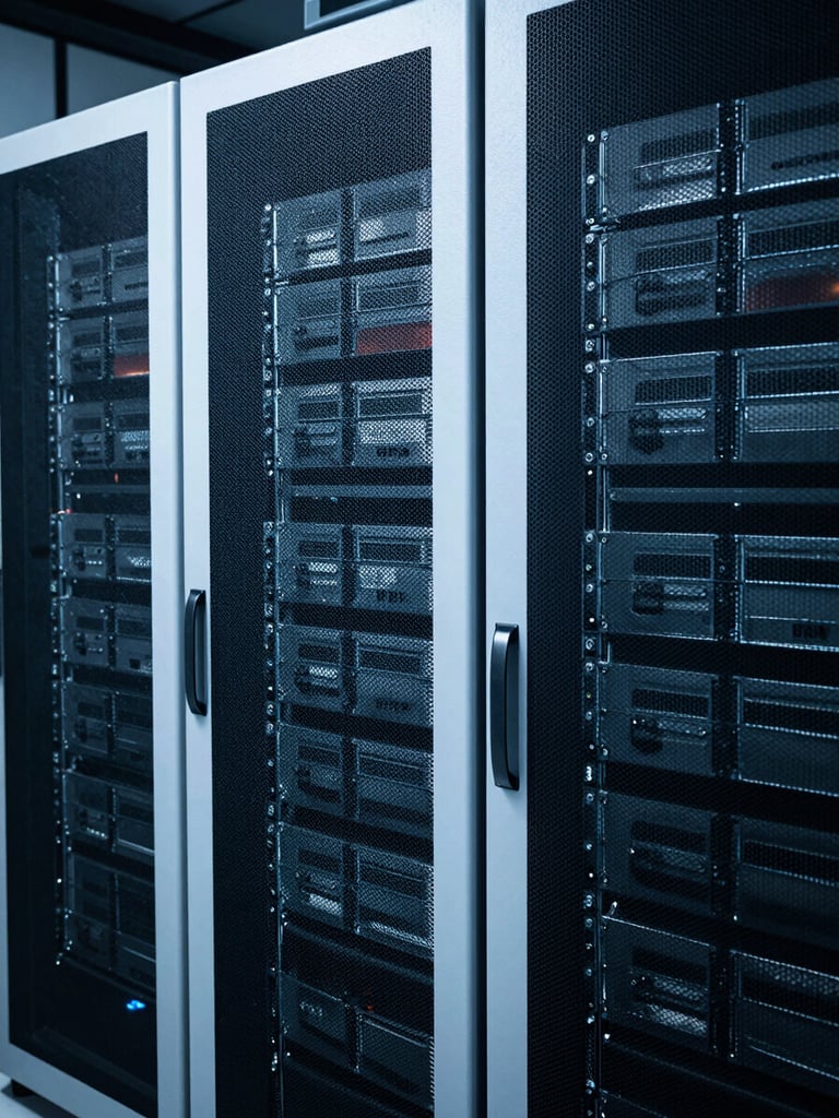 Structured architectural shot of a high-tech server environment, cool white and cyan low-key lighting, clean-room aesthetic, 35mm