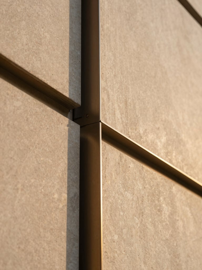 Close-up detail of a contemporary building facade — precision-cut stone cladding panels meeting a bronze anodized aluminum frame, shallow depth of field isolating the material transition, warm golden hour raking light revealing surface texture and shadow depth, architectural material study framing
