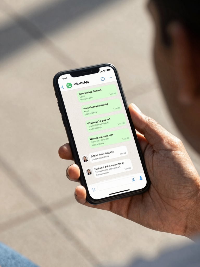 Over-the-shoulder view of a person holding a smartphone in Abidjan, displaying a clean WhatsApp chat window with instant local business recommendations, bright natural sunlight.