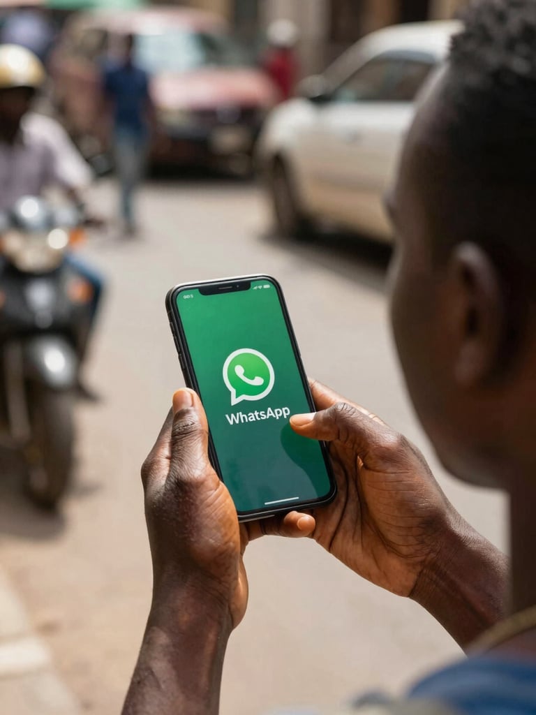 Over-the-shoulder view of a person using WhatsApp on a smartphone in a bustling Abidjan street, bright daylight, high contrast