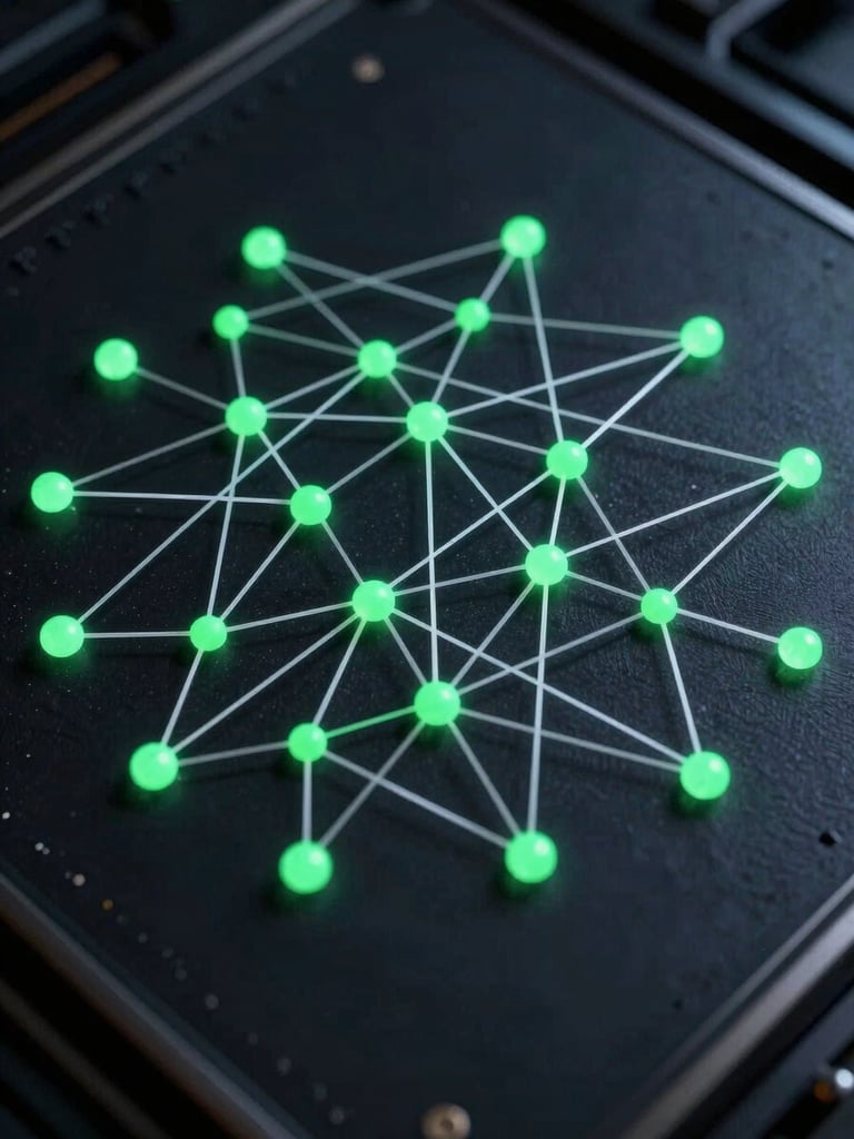 Stark orthographic schematic of a cryptographic verification network, phosphor green nodes connected by thin white lines on a deep charcoal terminal background.