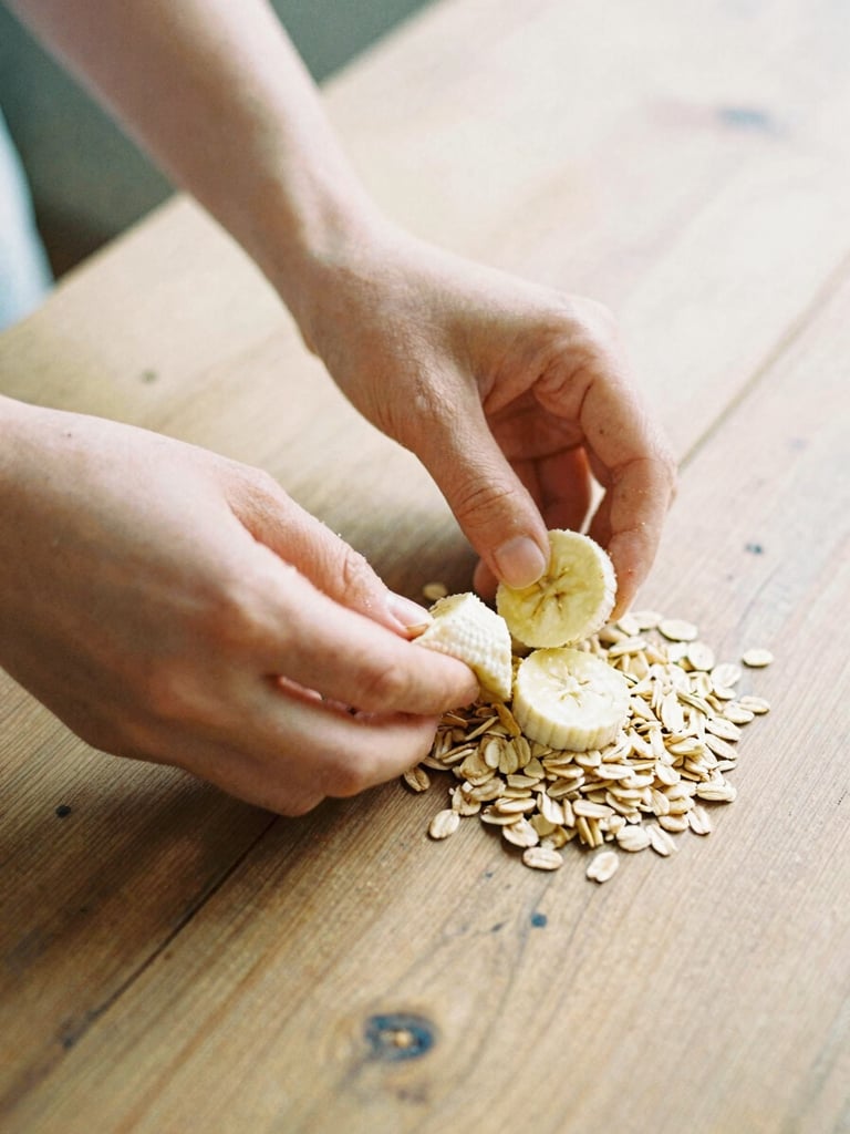 Detail of hands preparing a simple nutritious snack with fresh bananas and oats on a rustic wooden table, soft morning sunlight, warm tones