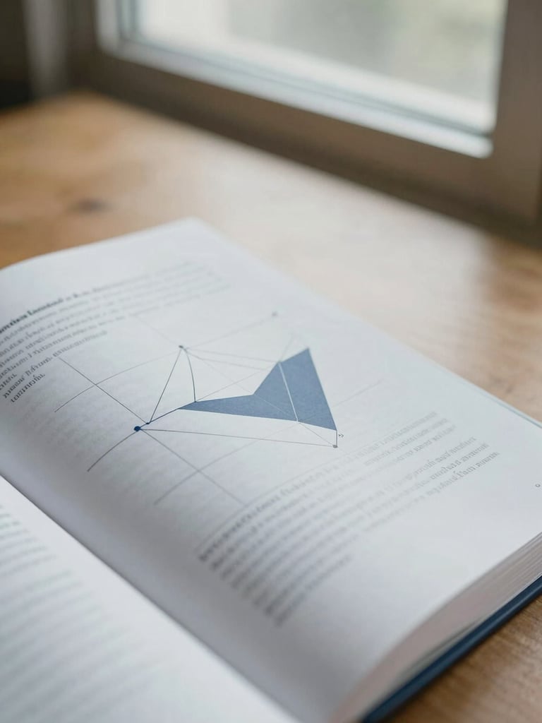 A close-up of an open academic textbook showing a clean geometric diagram on a wooden desk, soft natural library light filtering through a window, 35mm