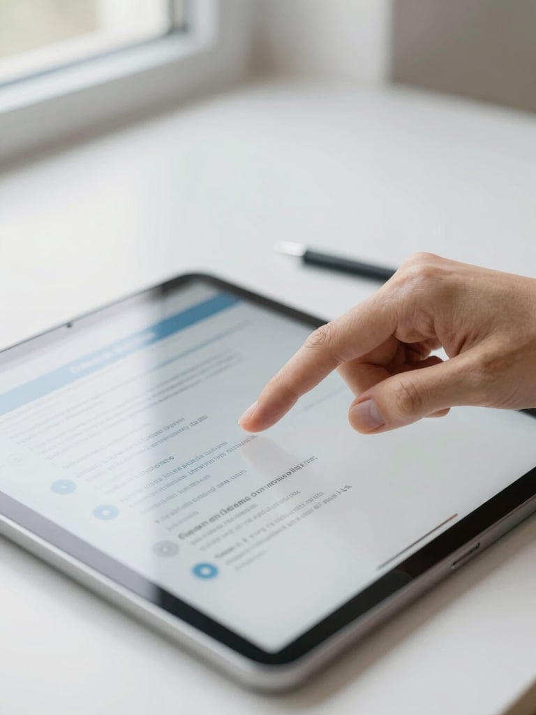 Close-up of a hand highlighting text on a digital tablet displaying an academic curriculum, bright natural daylight, clean minimalist workspace, soft blue and neutral tones, shallow depth of field.