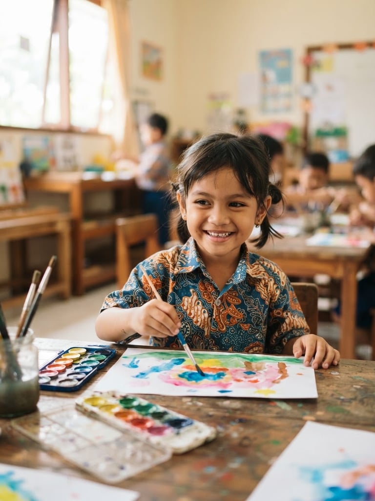 Candid photo of a young Indonesian child smiling while painting with bright watercolors on a clean white paper, natural daylight, soft focus classroom setting, 35mm.