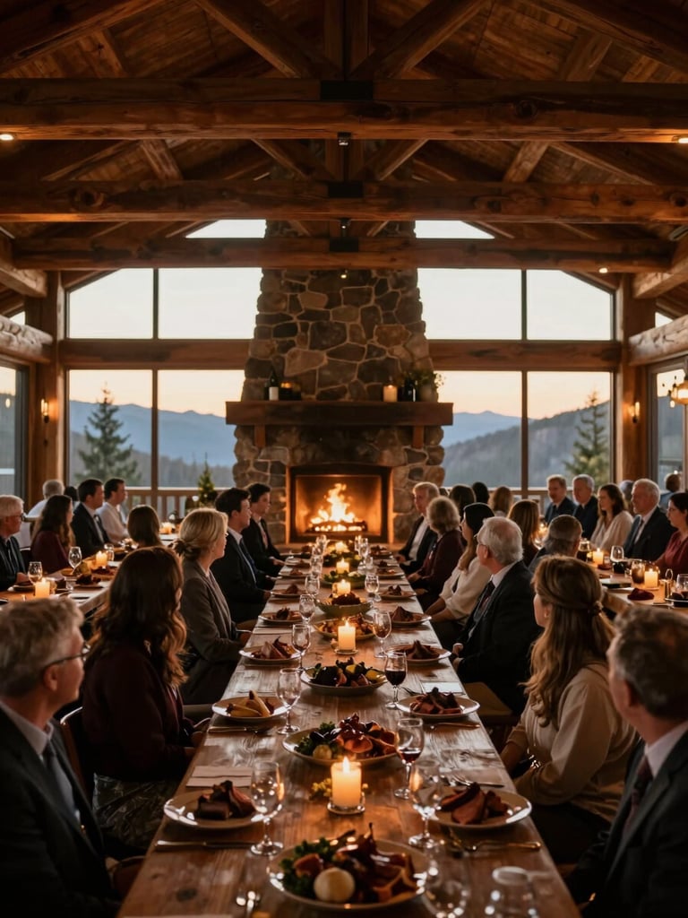 Wide panoramic view of a mountain lodge wedding reception in golden-hour light — long timber tables set with candles and smoked meat platters, backs of seated guests in foreground, stone fireplace and timber beams framing the scene, warm amber glow, dramatic contrast between the dark interior and the glowing food