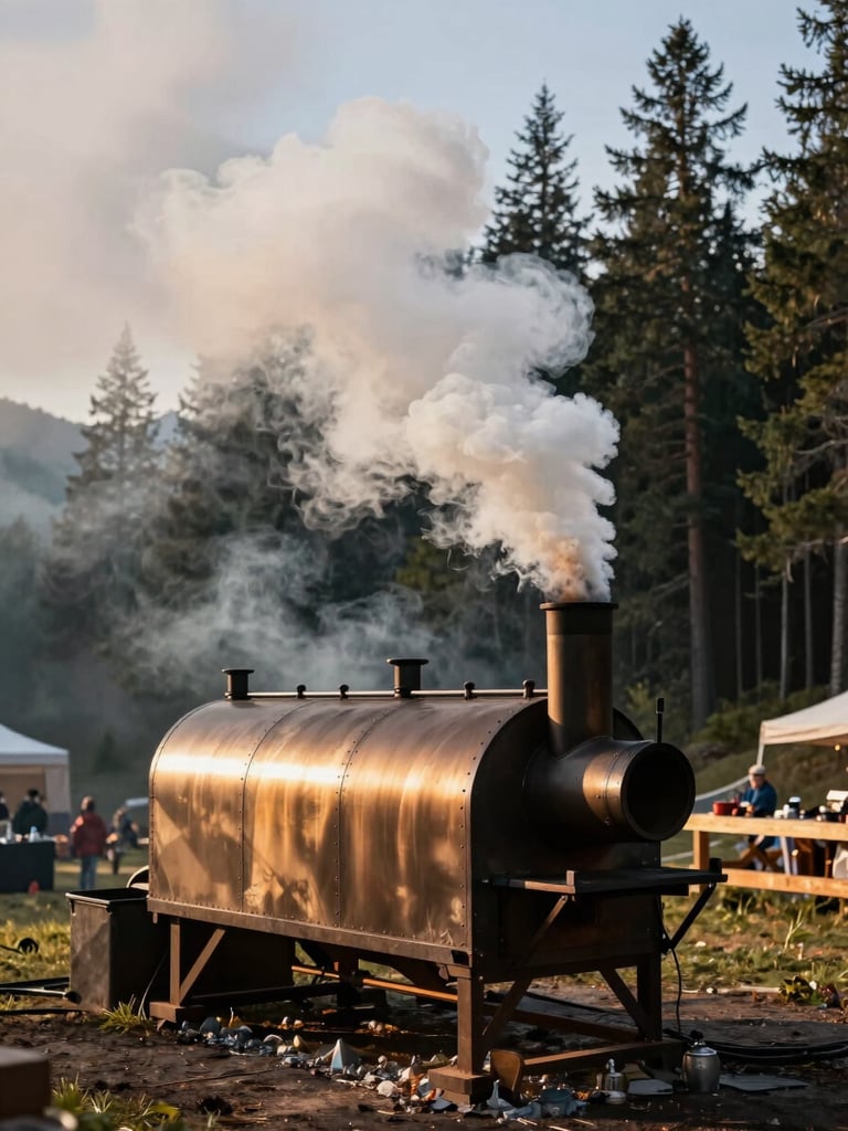 Landscape wide shot of a large offset wood smoker in use at an outdoor mountain event, thick white smoke rising from the stack, pine forest visible in background right, golden hour raking light across the smoker body, no people visible