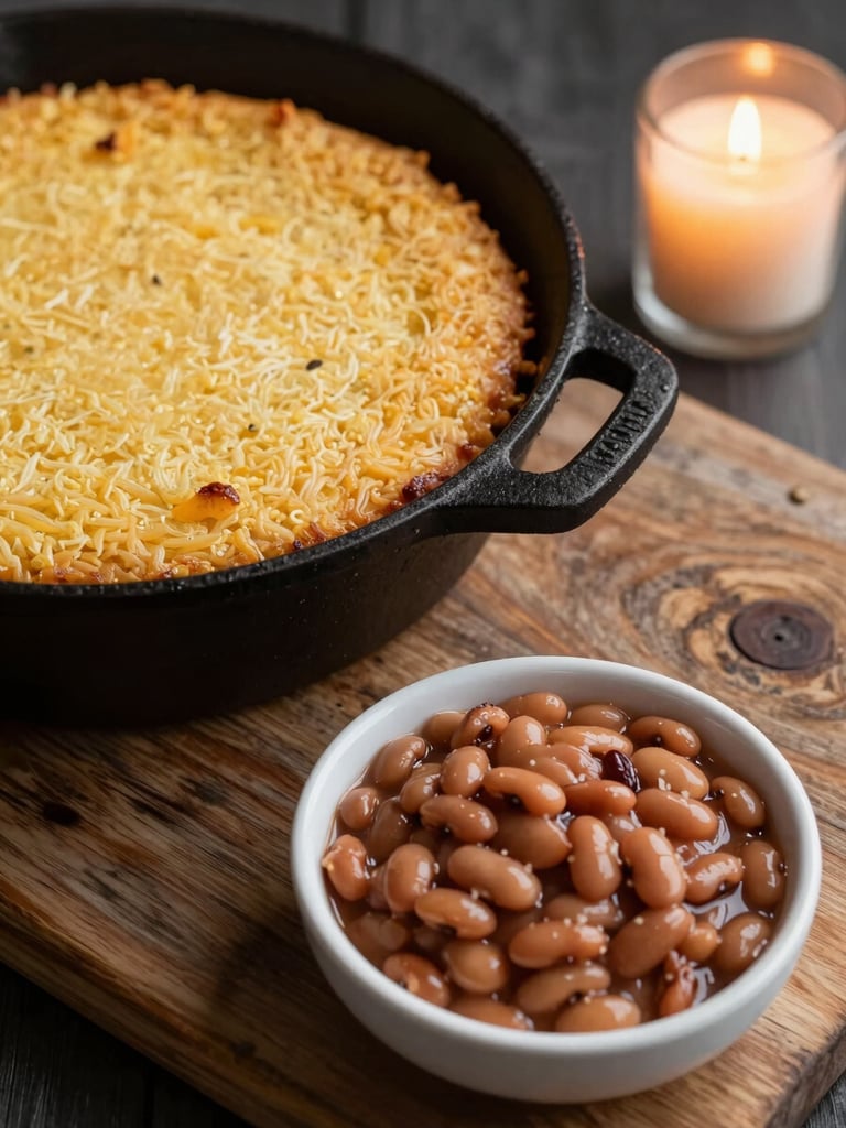 Overhead event table detail — cast-iron skillet of cornbread and a bowl of smoked beans on a reclaimed wood surface, warm candlelight from the upper right, dark background, shallow depth of field