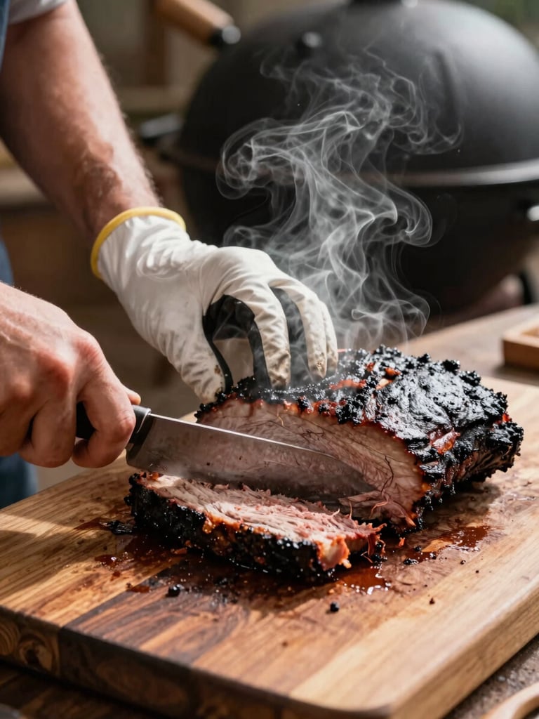 Close-up of a pitmaster's gloved hands slicing through a whole smoked brisket on a heavy timber cutting board, steam and smoke rising from the cut face, warm tungsten light from above casting deep shadows across the bark, cast-iron smoker visible out of focus in the background