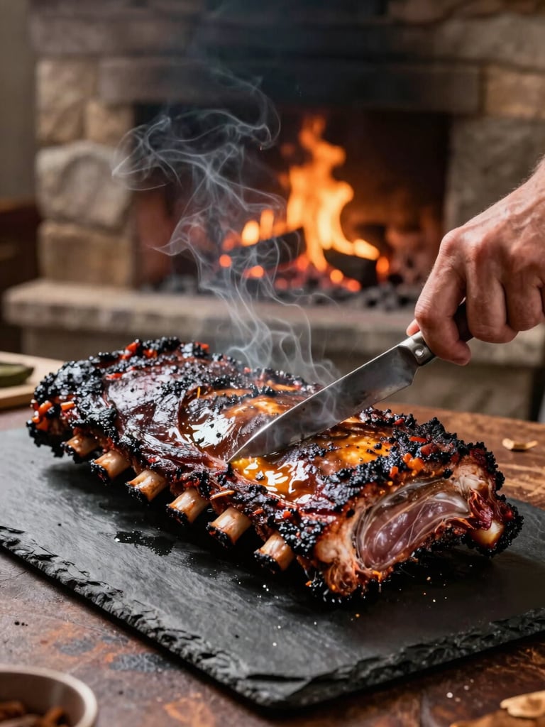 Side-angle close-up of a pitmaster's hands carving a whole smoked prime rib on a slate board, visible smoke, golden firelight illuminating the deep crust, rustic stone hearth blurred in background
