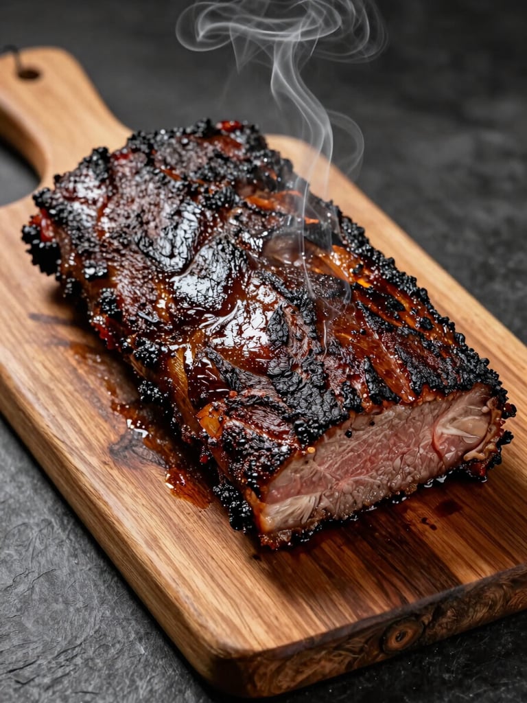 Close-up overhead of a whole smoked brisket resting on a rough-hewn oak cutting board, deep bark crust glistening, wisps of smoke still rising, warm tungsten light from the left, dark slate background
