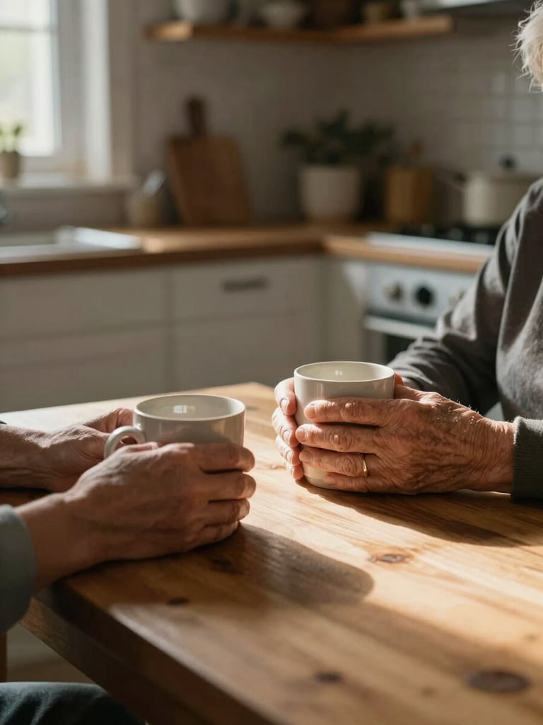 Close-up, slightly wide shot from across a kitchen table: a caregiver's hands resting near a ceramic mug, a senior woman's hands wrapped around her own cup, soft morning window light falling across the wooden table surface, lived-in kitchen shelves visible and slightly out of focus behind them — intimate, quiet, unhurried