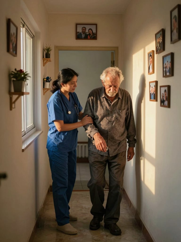 Portrait-oriented documentary photograph: a caregiver gently steadying an older man's arm as he moves through a narrow hallway, golden late-afternoon window light from a side room casting warm shadows, the walls lined with personal photographs and small shelves — the home is clearly lived in, not staged