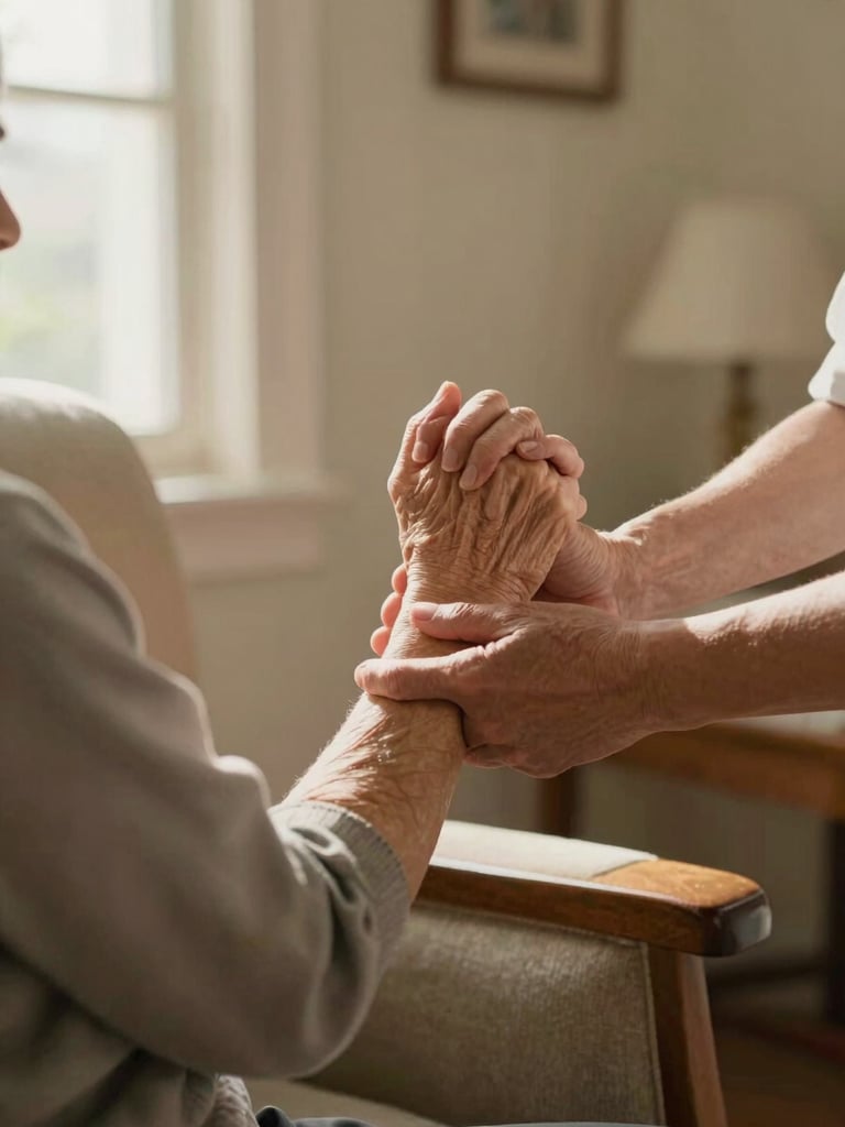 Close-up portrait framing: a caregiver's steady hand gently guiding an older woman's arm as she rises from a living-room chair, warm afternoon window light falling across their hands, soft cream walls in the background, lived-in home environment